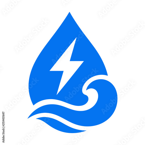 Water Drop Icon with Lightning Bolt and Wave Design Representing Water Energy Concept and Symbol and Blue and White