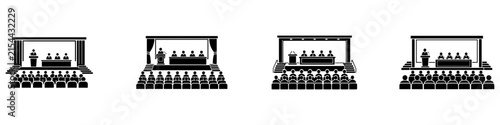 Conference hall stage and audience line icon with podium, panel table, stairs, and audience figures.