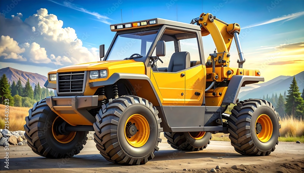 Fototapeta premium Modular construction utility buggy illustration with oversized tires, lifting arm and interchangeable tool modules, playful industrial vehicle design.