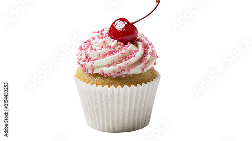 Fotografie Vanilla cupcake with white frosting pink sprinkles and a maraschino cherry, isol