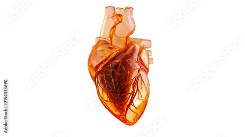 Quadro su tela Transparent amber anatomical heart model with intricate vascular details, isolat
