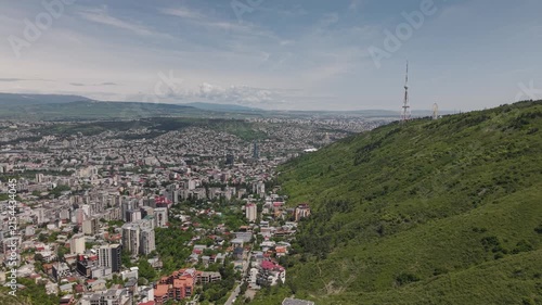 Aerial Panoramic View of Tbilisi Cityscape and Mtatsminda Mountain in Georgia