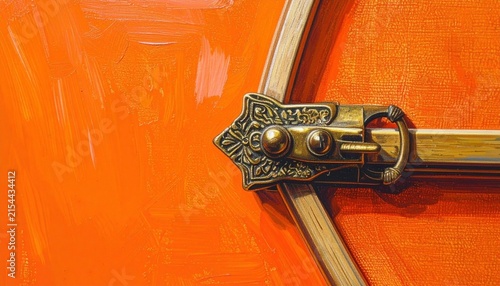 Ornate brass door handle on bright orange surface.