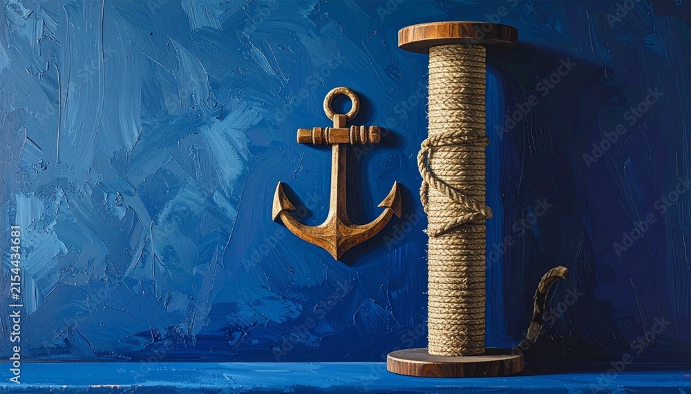 Fototapeta premium Vintage Nautical Anchor and Rope on Blue Background.