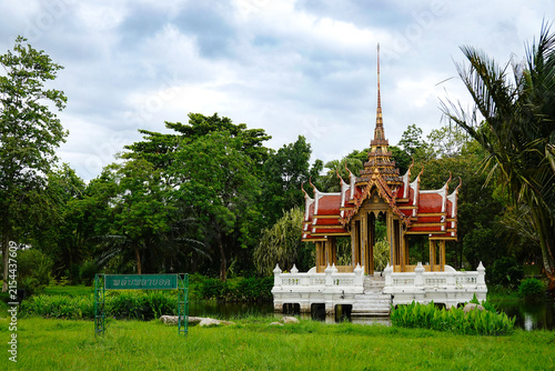 Traditional Thai pavilion Phlapphla Yot on pond at Suan Luang Rama IX Park, Bangkok, Thailand.