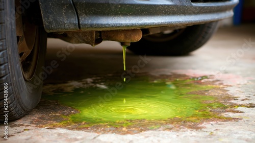 Green fluid is dripping from a vehicles undercarriage onto the ground.