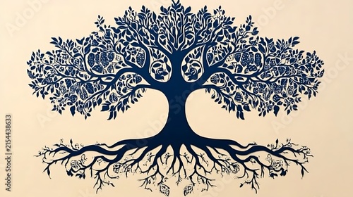 Minimalist tree of life illustration with intricate roots and branches in monochrome line art design