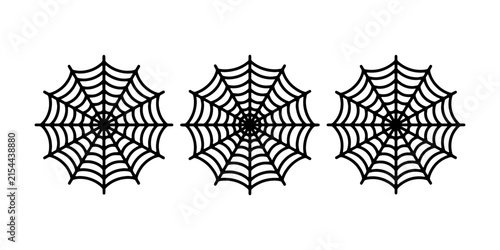 Three intricate black spider webs aligned horizontally on white background silhouette