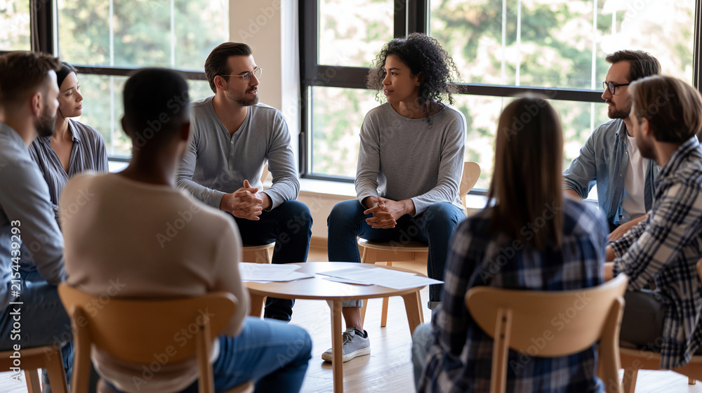 Obraz premium Wide shot of a diverse support group circle in a bright therapy room with large windows, warm empathetic atmosphere, active listening concept, soft natural tones, copy space on the