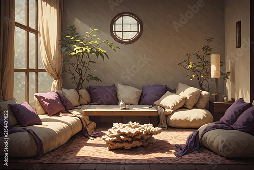 Modern Living Room Interior with Stylish Sofa, Comfortable Furniture, Elegant Decor, Pillows, Lamp and Contemporary Home Design