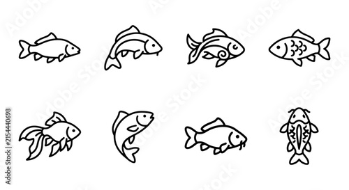 Photography Vector Fish Icons Set, Aquatic Life Illustrations, Koi Carp and Goldfish Line Ar
