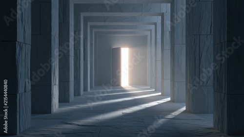 Sunlight streams through an open doorway at the end of a grand stone corridor.