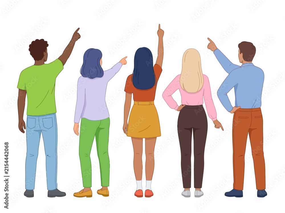 Fototapeta premium Diverse Group of People Pointing in Different Directions Back View Flat Vector Illustration