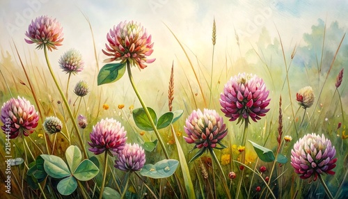 Vibrant Red Clover Flowers in a Sunlit Meadow Scene.