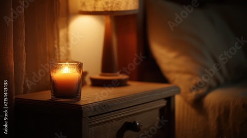 A Warm and Cozy Bedroom Interior Featuring a Lit Candle on a Wooden Nightstand Beside a Bed at Night