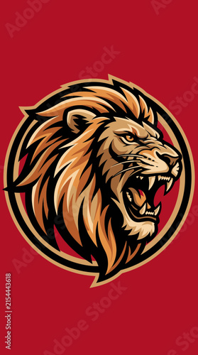Circular roaring lion head emblem illustration.