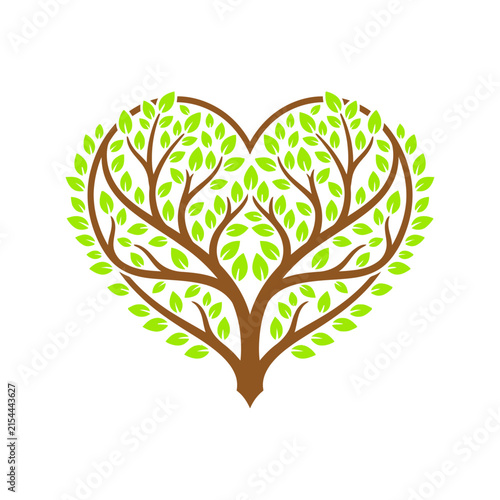 Heart shaped tree green leaves logo.
