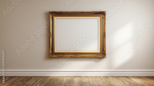Empty Ornate Gold Picture Frame Mockup Hanging on a Minimalist Beige Wall with Soft Natural Sunlight and Wooden Floor