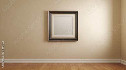Empty Square Picture Frame Mockup Centered on a Minimalist Beige Wall Above Wooden Floor for Interior Design Display