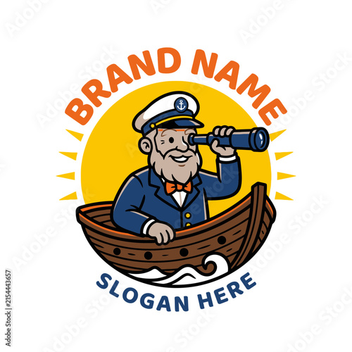 Cartoon sea captain mascot in boat with telescope
