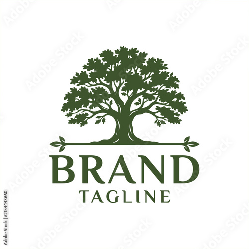 Green oak tree silhouette with brand tagline.