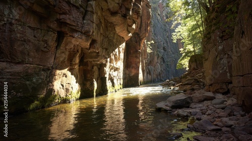 Serene River Flowing Through a Narrow Rocky Canyon with Sunlit Forest Reflections and Rugged Cliff Walls