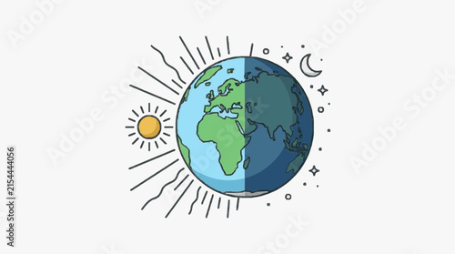 Vector illustration of Earth globe demonstrating day and night cycle with half sun and crescent moon, featuring detailed continents, stars, and rays on a white background.