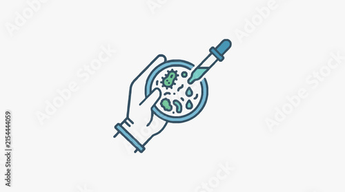 Medical research vector illustration of a gloved hand holding a Petri dish containing green microbes and bacteria, including a laboratory pipette with sample drops on white background.