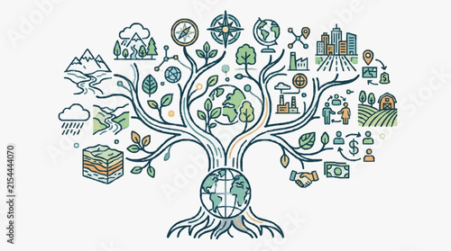 Conceptual illustration of a geography knowledge tree with Earth globe roots and trunk branching into icons for physical landforms, climate, urban development, and global trade.