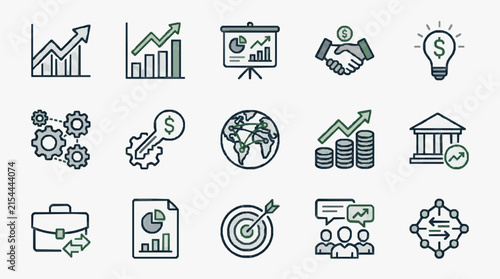 Minimalist vector icon set for investment decks featuring growth charts, global diversification map, handshake, gears, currency key, bank, and strategy target symbols.