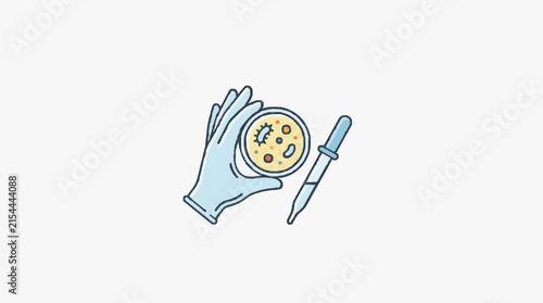 Vector illustration of a gloved hand holding a Petri dish containing bacterial cultures and microorganisms next to a laboratory pipette, symbolizing microbiology research.