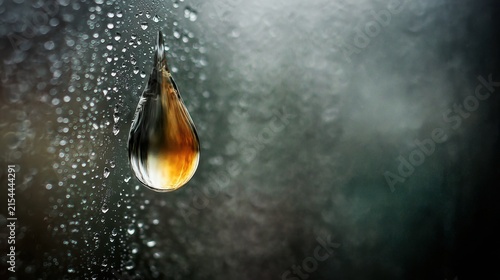 Large Raindrop Magnifying Abstract Autumn Foliage Colors on Glass Window Pane