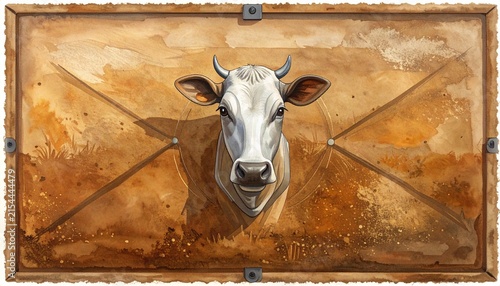 Surreal Cow Portrait in Envelope Frame Painting.
