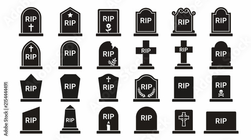 Set of Halloween tombstone icons and RIP grave markers for cemetery design elements.