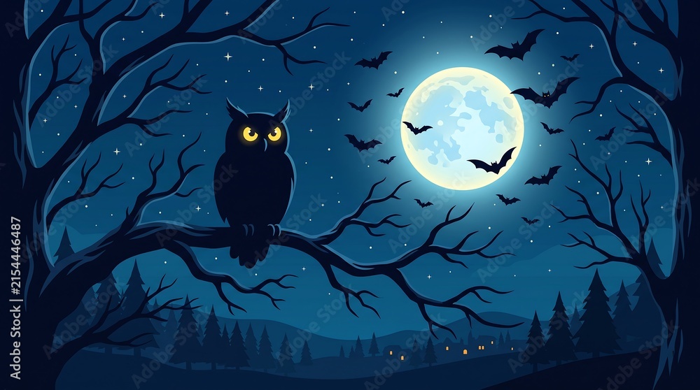 Fototapeta premium Halloween owl perched on a tree branch with a full moon and flying bats in night sky