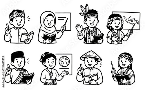 Hand drawn doodle illustration of diverse Indonesian teachers in traditional clothing teaching with books and boards.