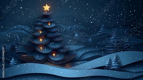 Festive Christmas Tree with Star Topper in Snowy Winter Scene