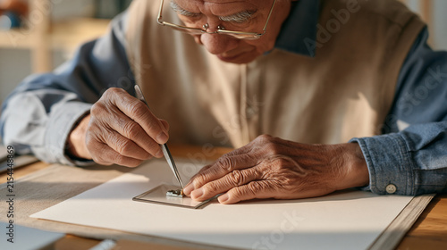Close-up of aged hands in a modest home study carefully using fine-tipped tweezers to position a microscale component on a glass slide representing the painstaking precision of