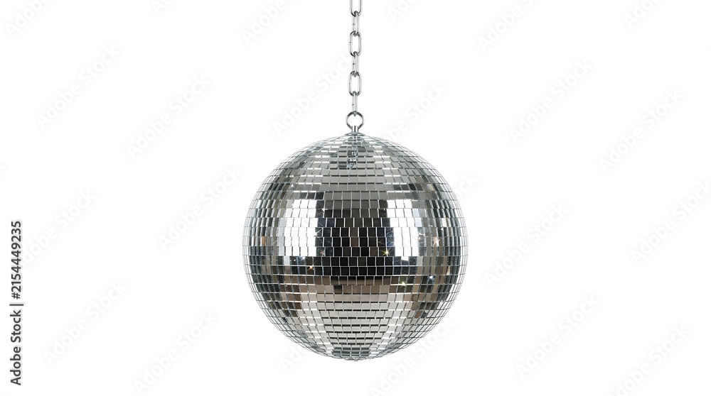 Fototapeta premium Reflective silver disco ball with small square mirrors hanging from a metal chain isolated on a white background, for party decoration