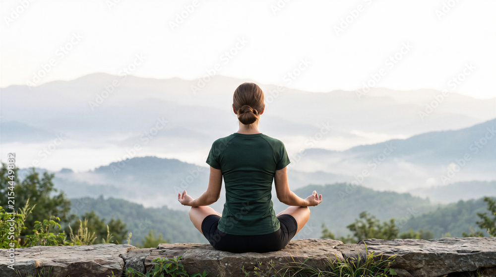 Naklejka premium Woman practicing peaceful outdoor meditation in lotus position overlooking misty mountain layers.