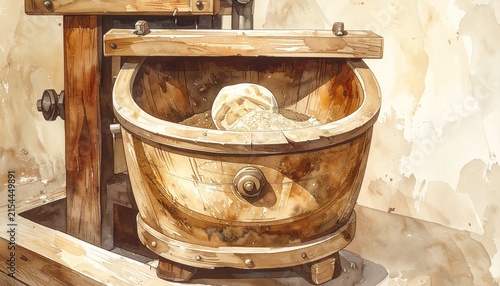 Vintage wooden butter churn in rustic setting.