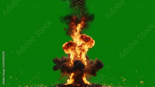 Fire explosion with mushroom cloud rising on green screen
