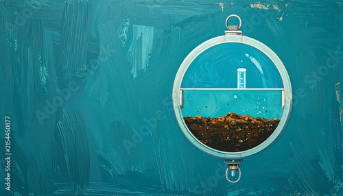 Vintage Pocket Watch with Mountain Reflection on Blue Background.