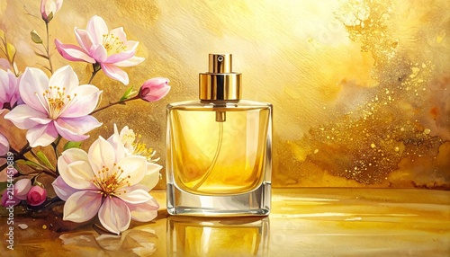 Elegant Perfume Bottle with Blossoming Flowers on Golden Background.