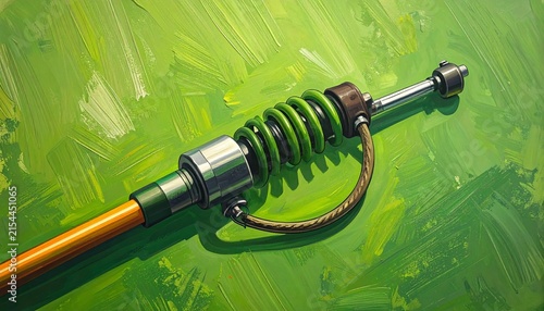 Close up of a green coil spring on a metal rod.
