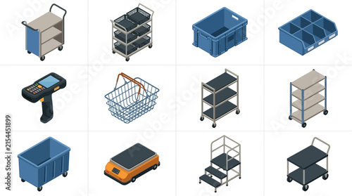 Collection of industrial storage containers and equipment in isometric view.