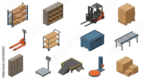 Isometric illustration of warehouse equipment and storage tools.