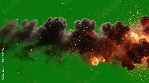Fire explosion horizontal burst with sparks on green screen