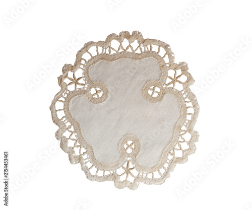 Cuadro en lienzo Decorative beige fabric doily with intricate openwork lace edging and ornamental cutout details, isolated on a transparent background