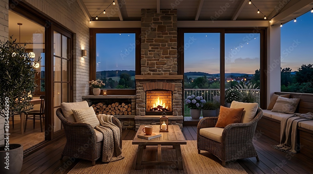 Fototapeta premium Cozy Porch Fireplace Evening Outdoor Living Space Warm Ambiance